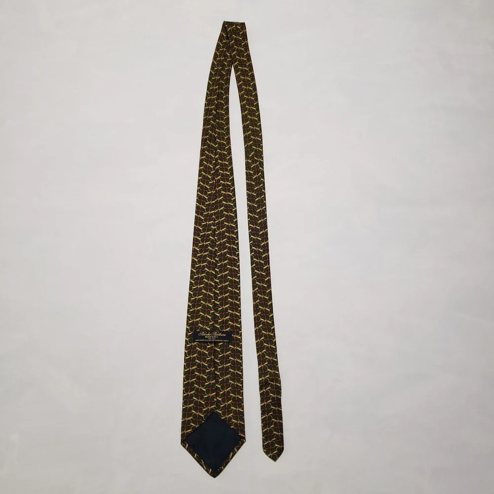 Brooks Brothers Mens Silk Tie Green Gold Burgundy Bit Pattern Made in‎ USA